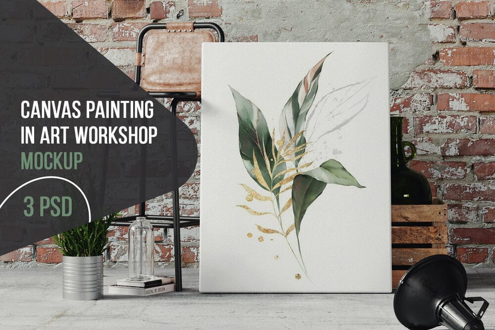 Canvas painting in the art workshop mockup