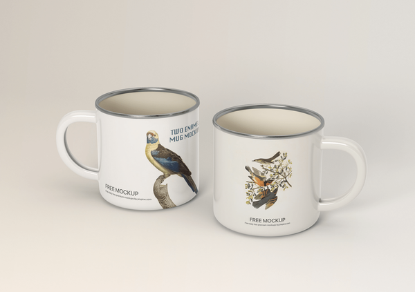 Two enamel mugs with birds mockup